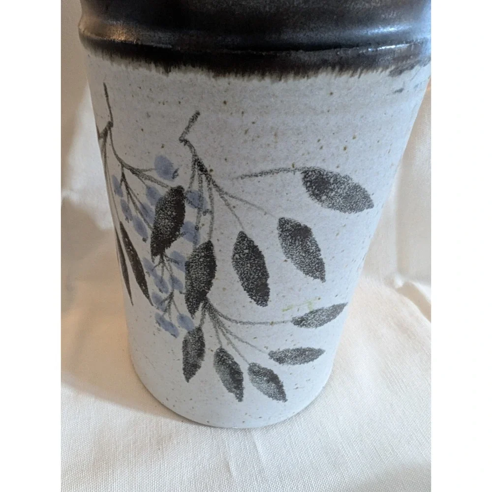 Pottery Wine Bottle‎ Cooler Vase Stoneware Basket w/ Rattan Handle Stamped
